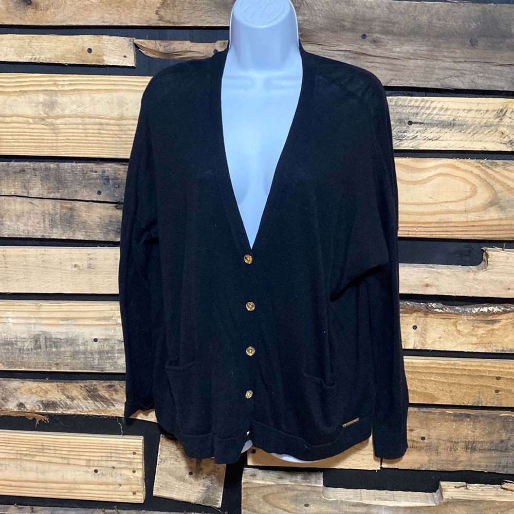 Michael Kors MK Womens Size M Button Up Cardigan Sweater Black Long‎ Sleeve